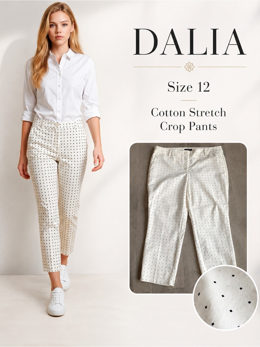 Dalia White Black Diamond Dot Cropped Pants Size 12